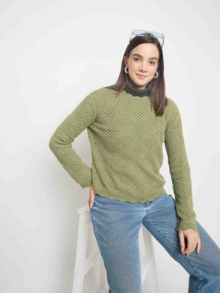 Madame Textured Scalloped Hem Green Knitted Top