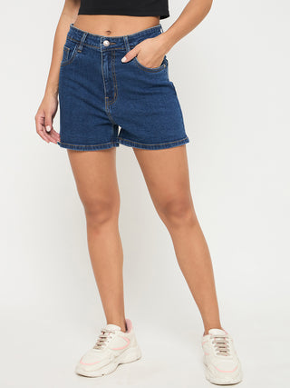Madame Cotton Blend Solid Mid Blue Denim Shorts