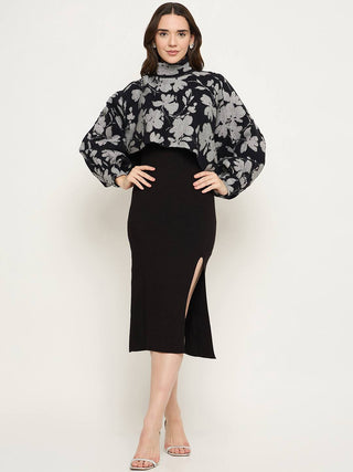 Madame Floral Print Sweater and Solid Dress Black Knitted Co-ord Set