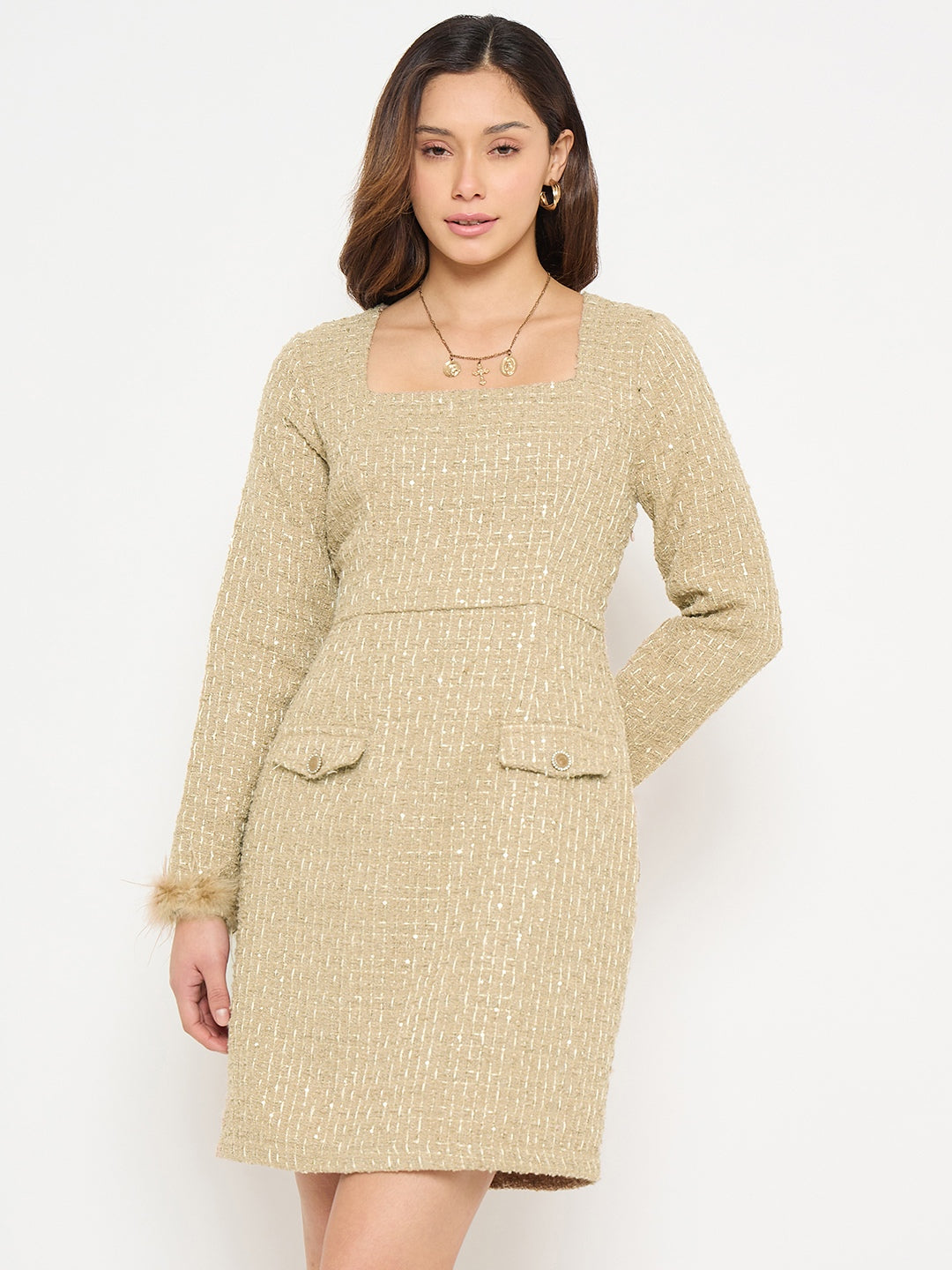 Madame Square Neck Beige Bodycon Dress with Feather Trim Sleeves color swatch