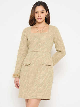 Madame Square Neck Beige Bodycon Dress with Feather Trim Sleeves