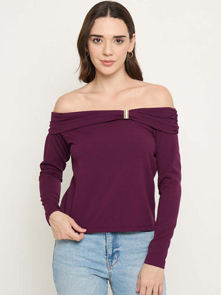 Madame Wine Red Ruched Off Shoulder Top