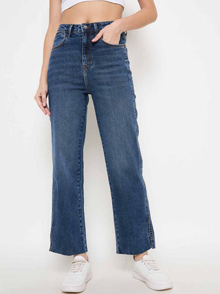 Madame Whiskered Cotton Blend Mid Blue Denim Jeans