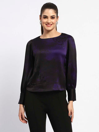 Madame Boat Neck Cuff Sleeve Abstract Print Black Top