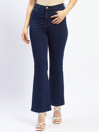 Madame Flared Solid Blue Cotton Blend Denim