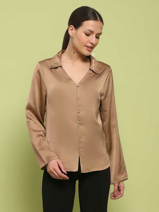 Madame Satin Bell Sleeve Collared Solid Golden Yellow Top