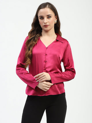 Madame Satin Bell Sleeve Collared Solid Fuschia Top