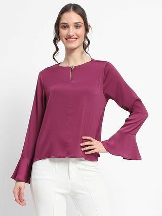 Madame Solid Plum Ruffle Sleeve Satin Top