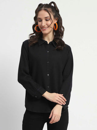 Madame Grey Wash Solid Black Button Down Denim Shirt