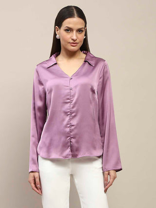 Madame Satin Bell Sleeve Collared Solid Lilac Top