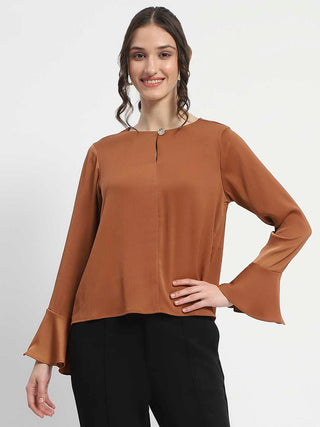 Madame Solid Golden Ruffle Sleeve Satin Top