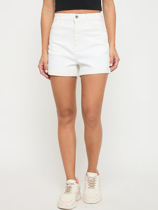 Madame Cotton Blend Solid White Denim Shorts