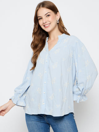Madame Floral Print Cotton Blend Powder Blue Top