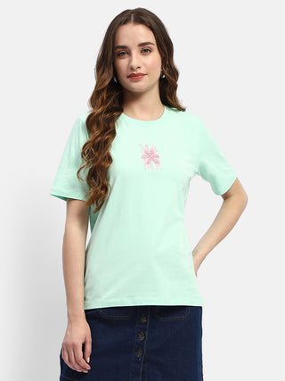 Madame Embroidered Mint Green Regular T-Shirt