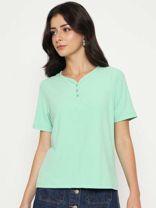 Madame Henley Neck Solid Green T-Shirt