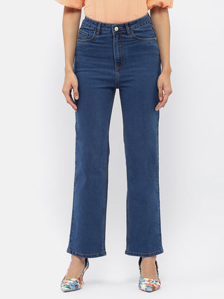 Madame Solid Mid Blue Wide Leg Jeans