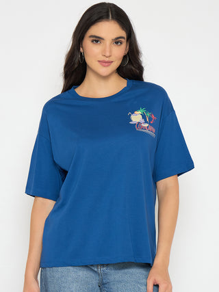 Madame Graphic Adorned Royal Blue Cotton T-Shirt