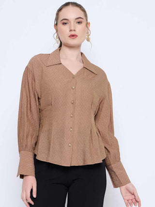 Madame Solid Tan Wing Neck Button Down Cuff Sleeve Shirt