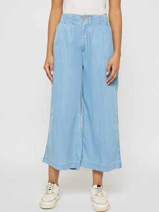 Madame Pintuck Detailed Cotton Blend Light Blue Wide Leg Jeans