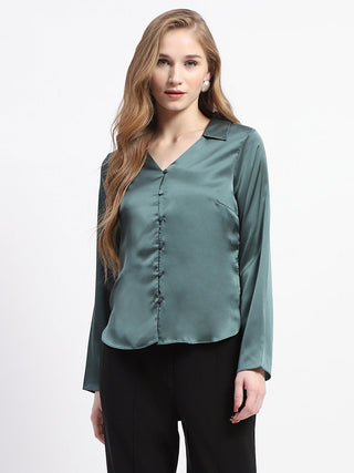 Madame Satin Bell Sleeve Collared Solid Jade Green Top
