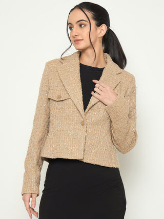 Madame Front Flap Pockets Textured Beige Blazer
