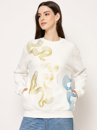 Madame Printed Crew Neck White Sweater
