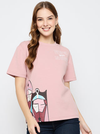 Madame Graphic Print Cotton Blend Pink T-shirt