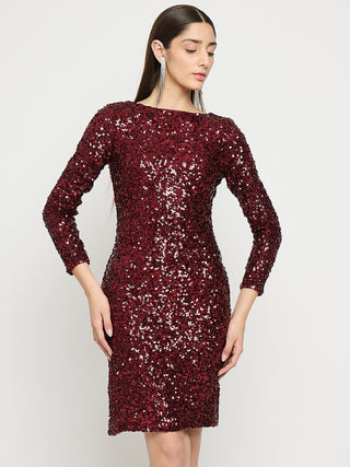 Madame Boat Neck Maroon Printed Bodycon Dress