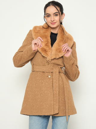 Madame Faux Fur Collar Belted Brown Long Coat