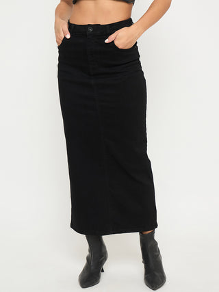 Madame Solid Jet Black Cotton Blend Maxi Denim Skirt