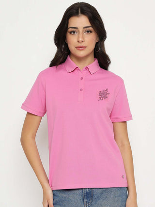 Madame Print Adorned Cotton Blend Pink  Polo T-shirt