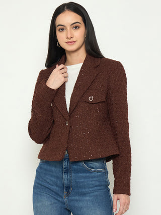 Madame Front Flap Pockets Textured Brown Blazer