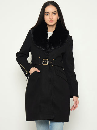 Madame Faux Fur Shawl Collar Long Coat with Belt