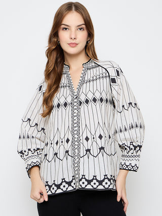 Madame Floral Print Cotton Blend Black Top