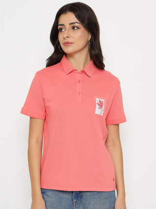Madame Graphic Print Adorned Cotton Blend Coral Polo T-shirt