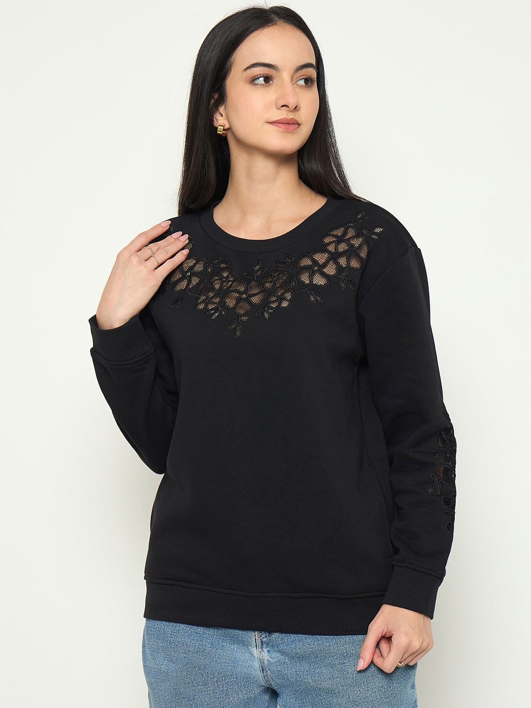 Madame Embroidered Round Neck Solid Sweatshirt color swatch