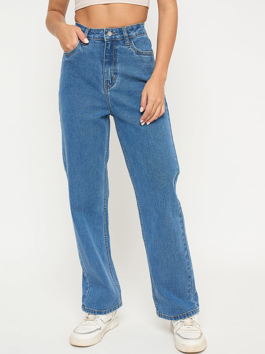 Madame Acid Wash Mid Blue Cotton Blend Straight Jeans color swatch