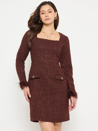 Madame Brown Bodycon Dress with Feather Trim Sleeves