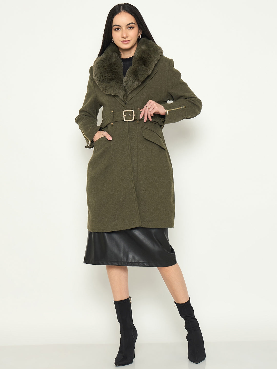 Madame Faux Fur Shawl Collar Long Coat with Belt color swatch