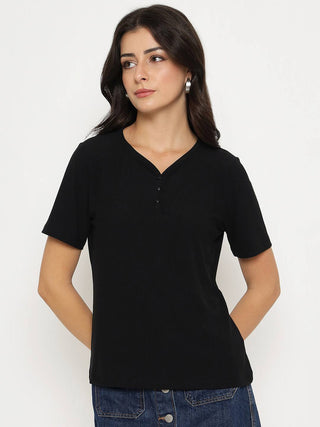 Madame Henley Neck Solid Black T-Shirt