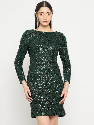Madame Boat Neck Printed Green Bodycon Dress