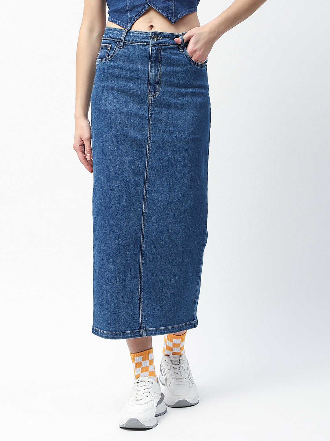 Madame Solid Mid Blue Cotton Blend Maxi Denim Skirt color swatch