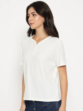 Madame Henley Neck Solid White T-Shirt