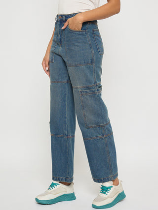 Madame Panel Detailed Tinted Green Wide Leg Denim Cargo