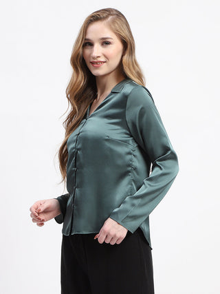 Madame Satin Bell Sleeve Collared Solid Jade Green Top