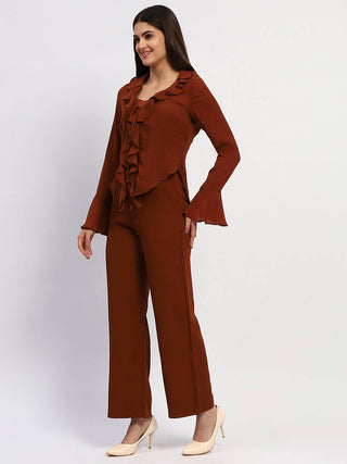Madame Solid Rust Ruffle Neck Bell Sleeve Top