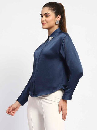 Madame Embellished Collar Cuff Sleeve Solid Teal Shirt