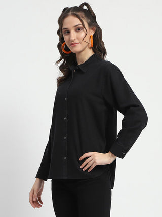 Madame Grey Wash Solid Black Button Down Denim Shirt