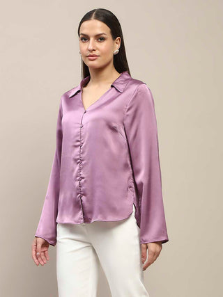 Madame Satin Bell Sleeve Collared Solid Lilac Top