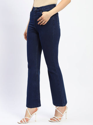 Madame Flared Solid Blue Cotton Blend Denim